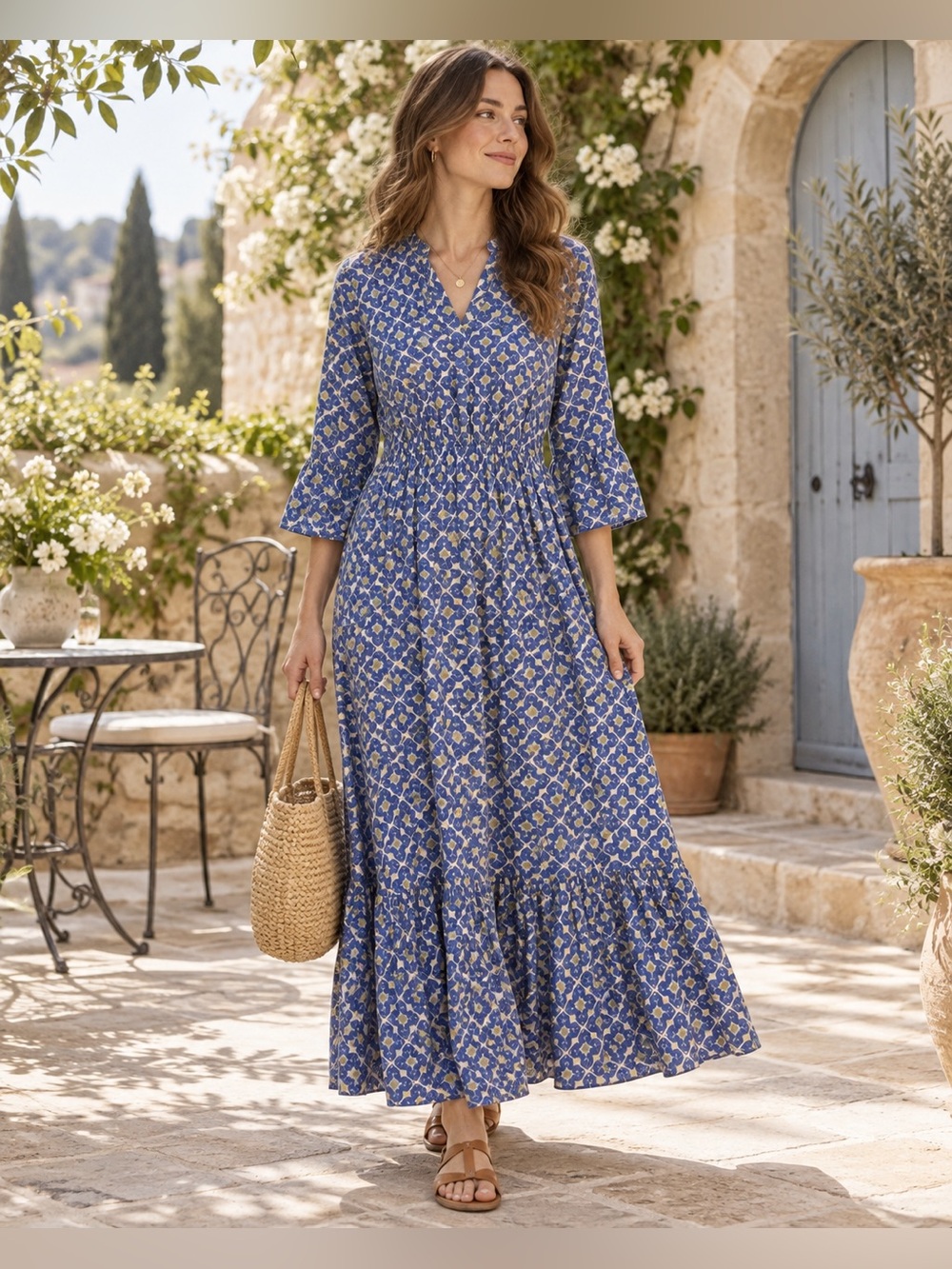 Ro's Garden Hilda Midi Dress in Siro Blue Geometric Block Print Size Medium M